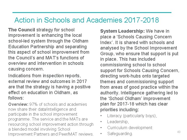 Action in Schools and Academies 2017 -2018 The Council strategy for school improvement is