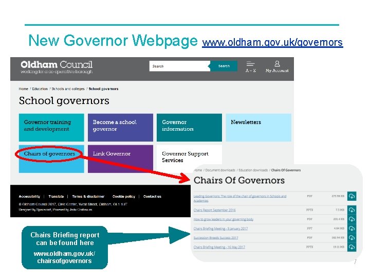 New Governor Webpage www. oldham. gov. uk/governors Chairs Briefing report can be found here