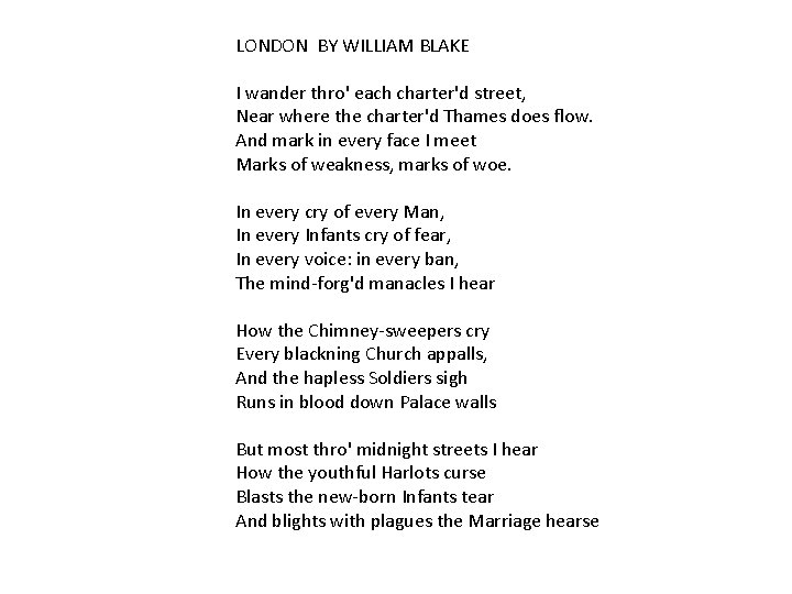LONDON BY WILLIAM BLAKE I wander thro' each charter'd street, Near where the charter'd