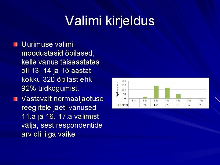 Valimi kirjeldus Uurimuse valimi moodustasid õpilased, kelle vanus täisaastates oli 13, 14 ja 15