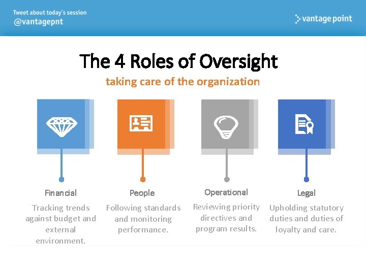 The 4 Roles of Oversight taking care of the organization Financial People Tracking trends