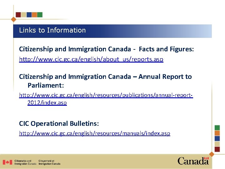 Links to Information Citizenship and Immigration Canada - Facts and Figures: http: //www. cic.