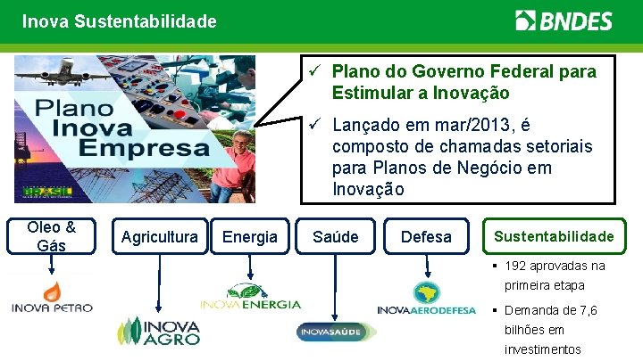 Inova Sustentabilidade ü Plano do Governo Federal para Estimular a Inovação ü Lançado em