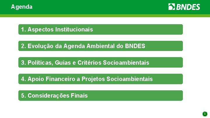 Agenda 1. Aspectos Institucionais 2. Evolução da Agenda Ambiental do BNDES 3. Políticas, Guias