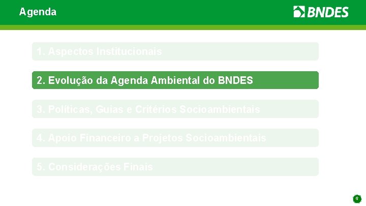 Agenda 1. Aspectos Institucionais 2. Evolução da Agenda Ambiental do BNDES 3. Políticas, Guias