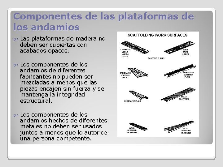 Componentes de las plataformas de los andamios Las plataformas de madera no deben ser