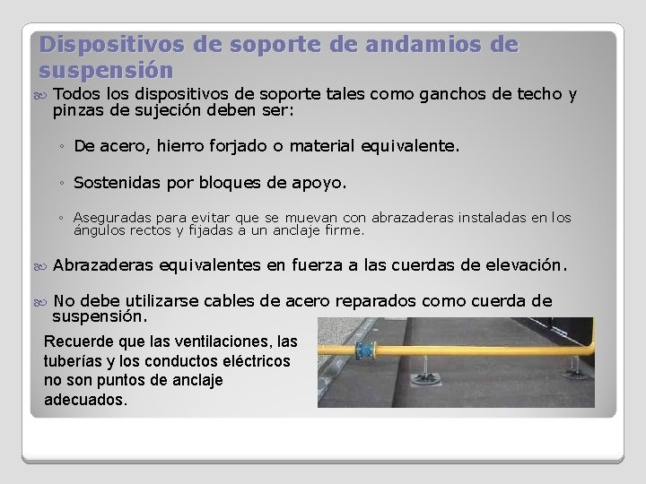 Dispositivos de soporte de andamios de suspensión Todos los dispositivos de soporte tales como