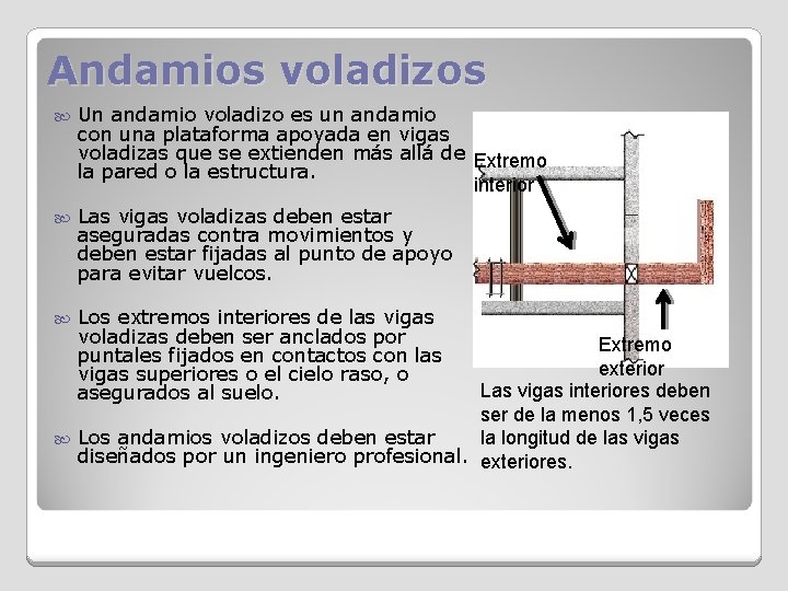 Andamios voladizos Un andamio voladizo es un andamio con una plataforma apoyada en vigas