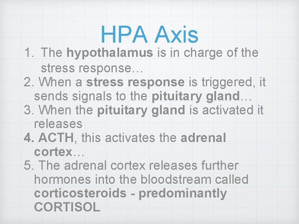 HPA Axis 1. The hypothalamus is in charge of the stress response… 2. When