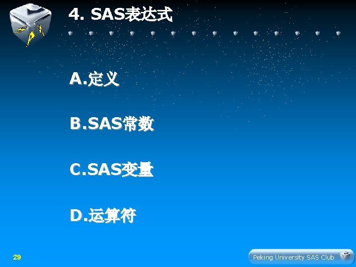 4. SAS表达式 A. 定义 B. SAS常数 C. SAS变量 D. 运算符 29 Peking University SAS