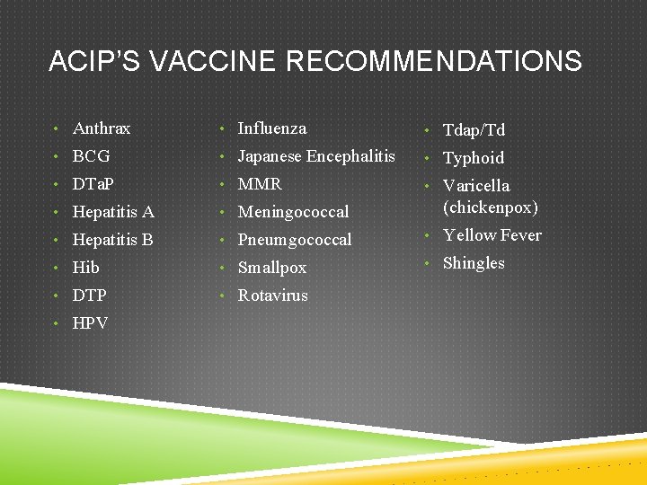 ACIP’S VACCINE RECOMMENDATIONS • Anthrax • Influenza • Tdap/Td • BCG • Japanese Encephalitis