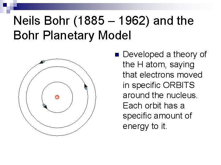 Neils Bohr (1885 – 1962) and the Bohr Planetary Model n Developed a theory