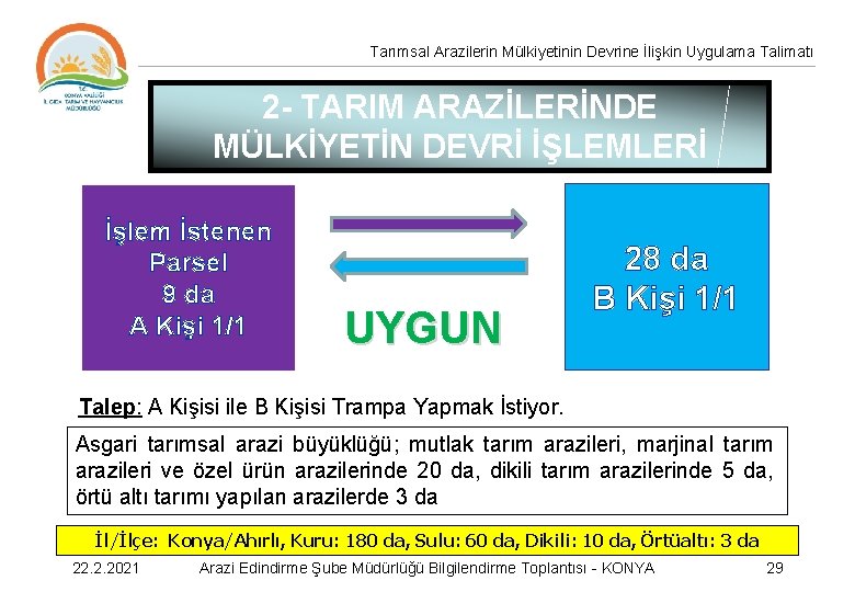 Tarımsal Arazilerin Mülkiyetinin Devrine İlişkin Uygulama Talimatı 2 - TARIM ARAZİLERİNDE MÜLKİYETİN DEVRİ İŞLEMLERİ