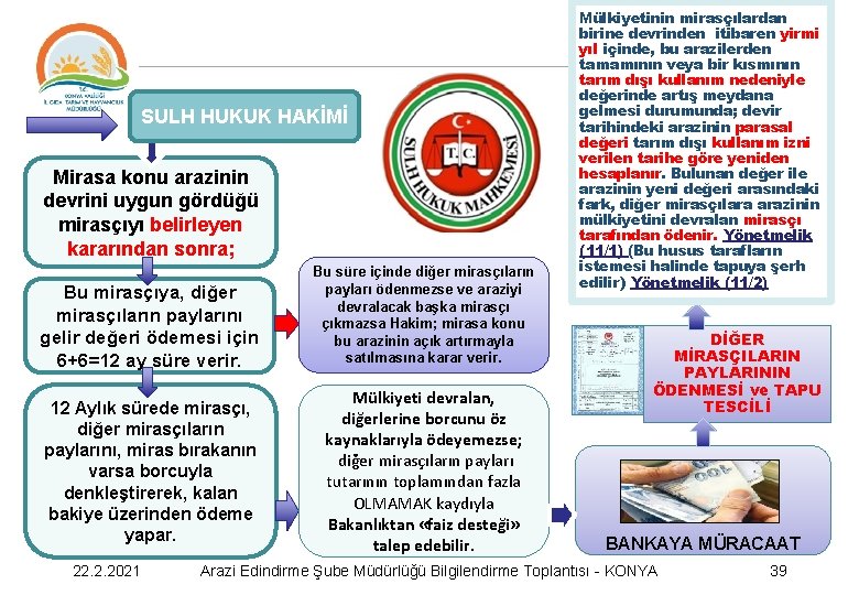 SULH HUKUK HAKİMİ Mirasa konu arazinin devrini uygun gördüğü mirasçıyı belirleyen kararından sonra; Bu