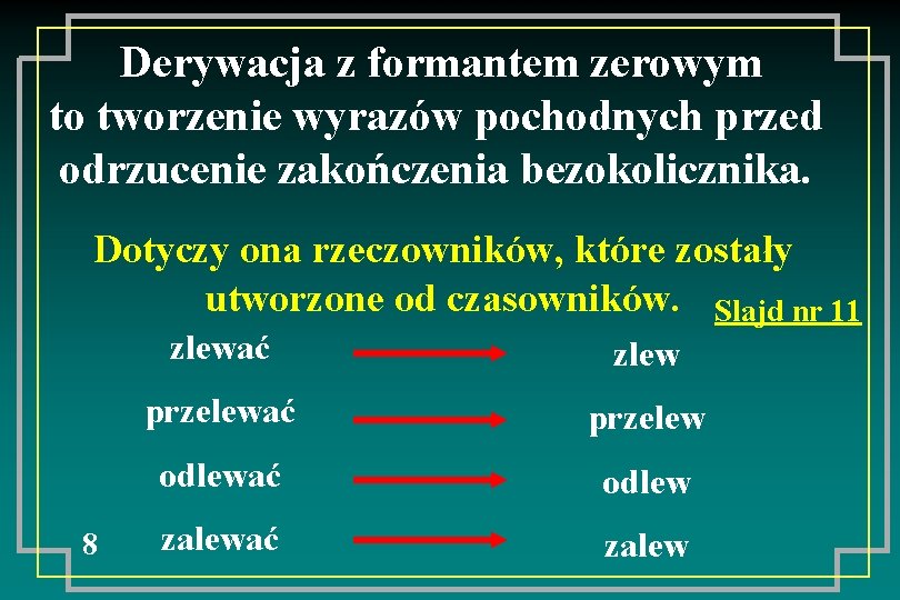 Derywacja z formantem zerowym to tworzenie wyrazów pochodnych przed odrzucenie zakończenia bezokolicznika. Dotyczy ona