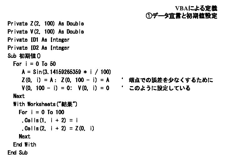 VBAによる定義　 ①データ宣言と初期値設定 Private Z(2, 100) As Double Private V(2, 100) As Double Private ID