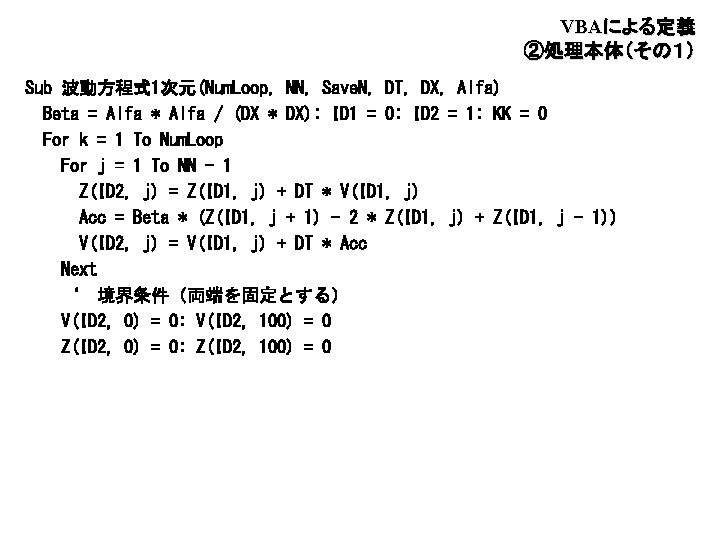 VBAによる定義　 ②処理本体（その１） Sub 波動方程式 1次元(Num. Loop, NN, Save. N, DT, DX, Alfa) Beta =