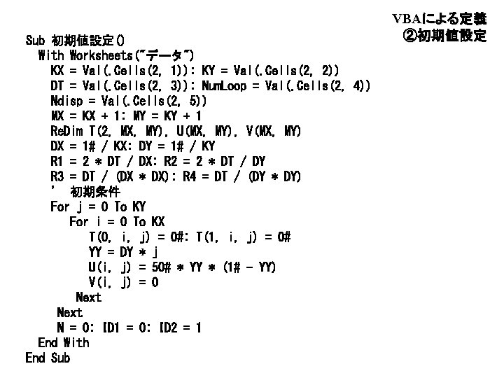 Sub 初期値設定() With Worksheets("データ") KX = Val(. Cells(2, 1)): KY = Val(. Cells(2, 2))