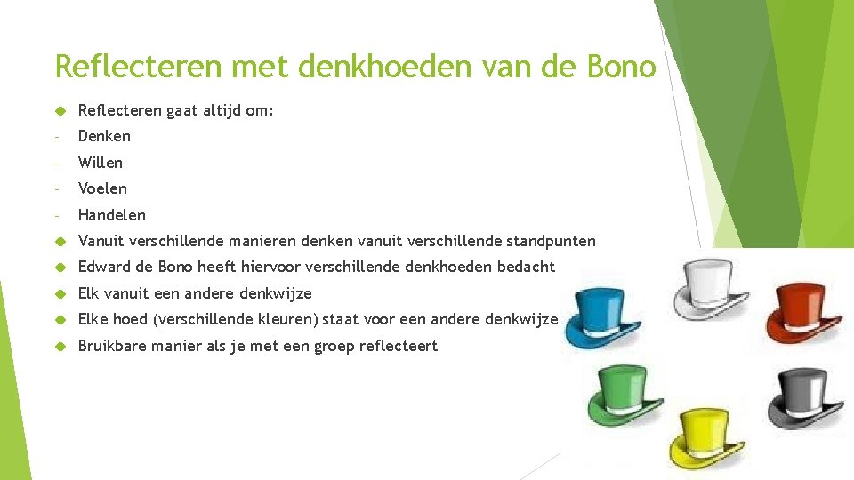 Reflecteren met denkhoeden van de Bono Reflecteren gaat altijd om: - Denken - Willen