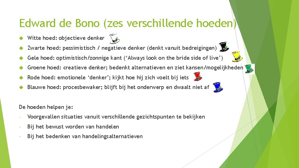 Edward de Bono (zes verschillende hoeden) Witte hoed: objectieve denker Zwarte hoed: pessimistisch /