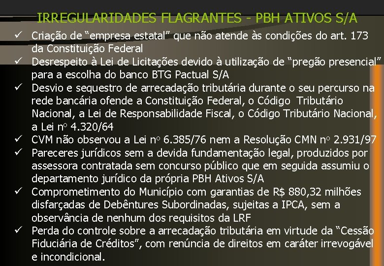 IRREGULARIDADES FLAGRANTES - PBH ATIVOS S/A ü Criação de “empresa estatal” que não atende