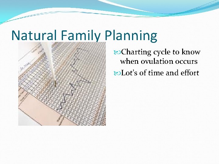 Natural Family Planning Charting cycle to know when ovulation occurs Lot’s of time and