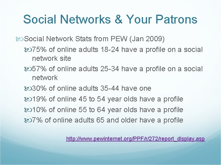 Social Networks & Your Patrons Social Network Stats from PEW (Jan 2009) 75% of