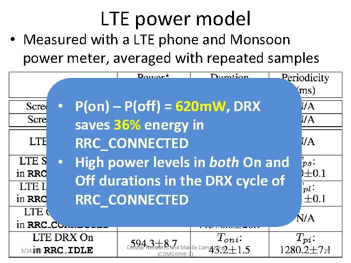 LTE power model • Measured with a LTE phone and Monsoon power meter, averaged