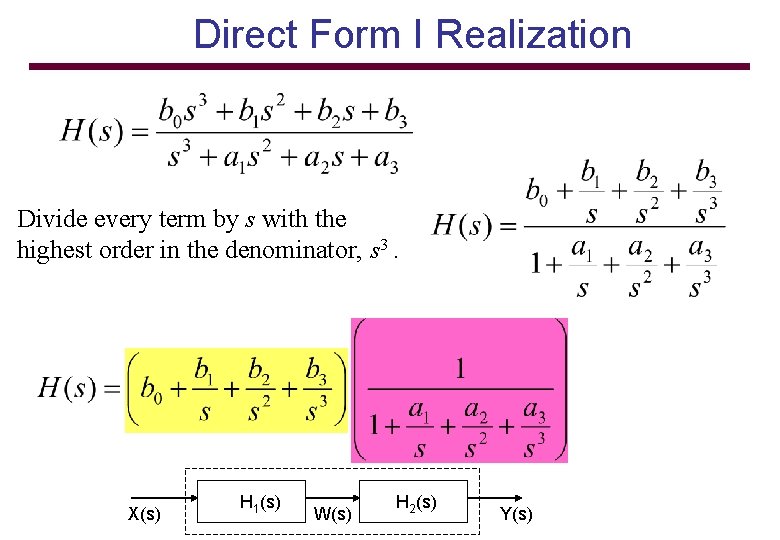 Direct Form I Realization Divide every term by s with the highest order in