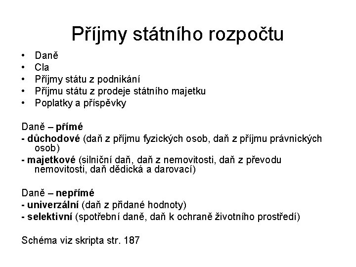 Příjmy státního rozpočtu • • • Daně Cla Příjmy státu z podnikání Příjmu státu