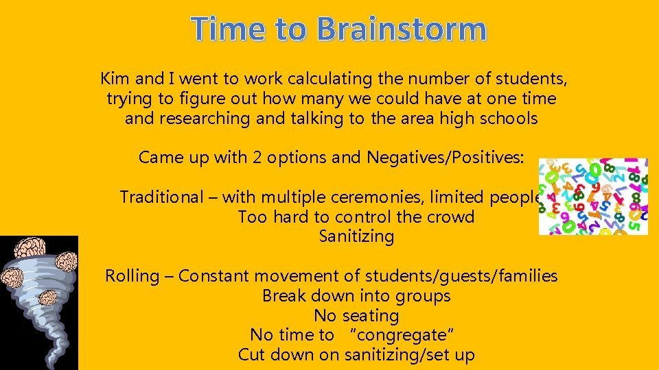 Time to Brainstorm Kim and I went to work calculating the number of students,