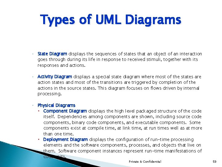 Types of UML Diagrams ◦ State Diagram displays the sequences of states that an