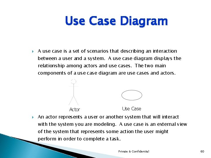 Use Case Diagram A use case is a set of scenarios that describing an