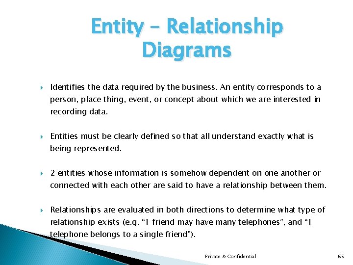 Entity – Relationship Diagrams Identifies the data required by the business. An entity corresponds