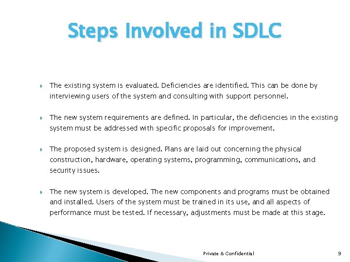 Steps Involved in SDLC The existing system is evaluated. Deficiencies are identified. This can