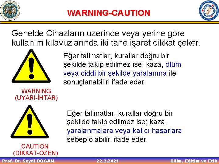 WARNING-CAUTION Genelde Cihazların üzerinde veya yerine göre kullanım kılavuzlarında iki tane işaret dikkat çeker.