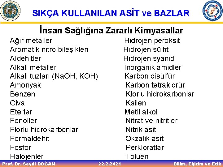 SIKÇA KULLANILAN ASİT ve BAZLAR İnsan Sağlığına Zararlı Kimyasallar Ağır metaller Hidrojen peroksit Aromatik