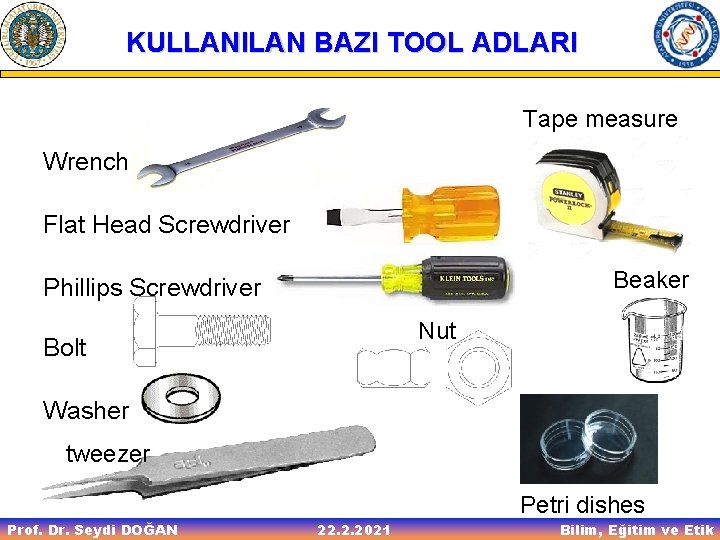 KULLANILAN BAZI TOOL ADLARI Tape measure Wrench Flat Head Screwdriver Beaker Phillips Screwdriver Nut
