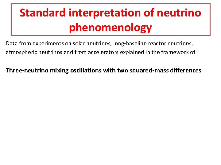 Standard interpretation of neutrino phenomenology Data from experiments on solar neutrinos, long-baseline reactor neutrinos,