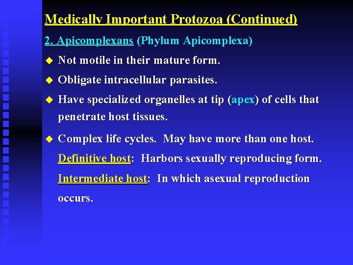 Medically Important Protozoa (Continued) 2. Apicomplexans (Phylum Apicomplexa) u Not motile in their mature