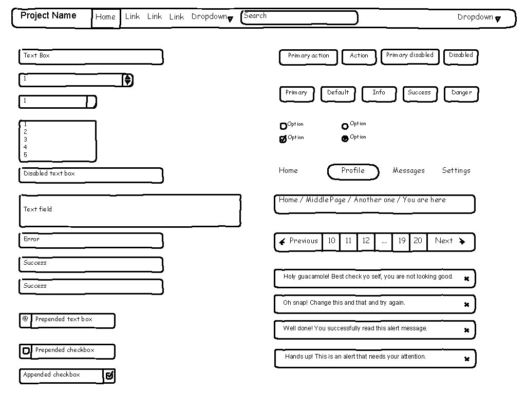 Project Name Text Box Home Link Dropdown Search Dropdown Primary action Primary disabled Action