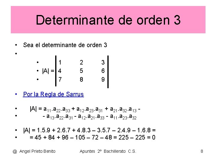 Determinante de orden 3 • Sea el determinante de orden 3 • • 1