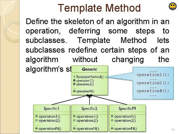 Template Method Define the skeleton of an algorithm in an operation, deferring some steps