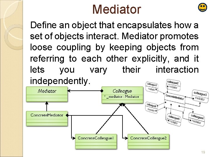 Mediator Define an object that encapsulates how a set of objects interact. Mediator promotes