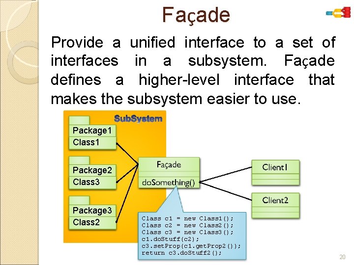 Façade Provide a unified interface to a set of interfaces in a subsystem. Façade