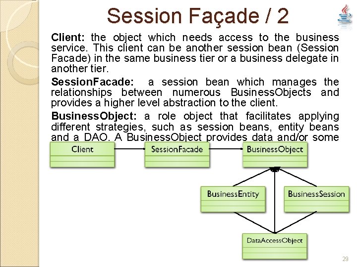 Session Façade / 2 Client: the object which needs access to the business service.
