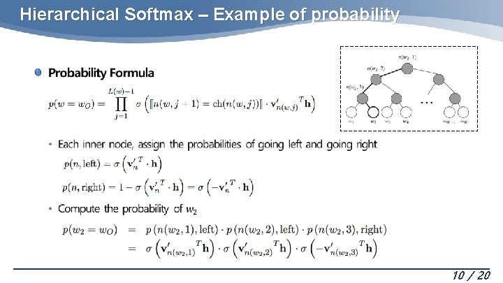 Hierarchical Softmax – Example of probability 10 / 20 Hierarchical Softmax – Example of probability 10 / 20