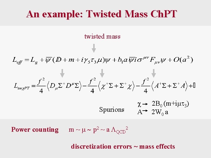 An example: Twisted Mass Ch. PT twisted mass Spurions Power counting c A 2