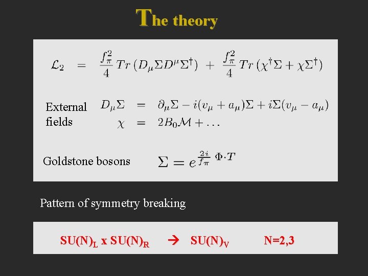 The theory External fields Goldstone bosons Pattern of symmetry breaking SU(N)L x SU(N)R SU(N)V