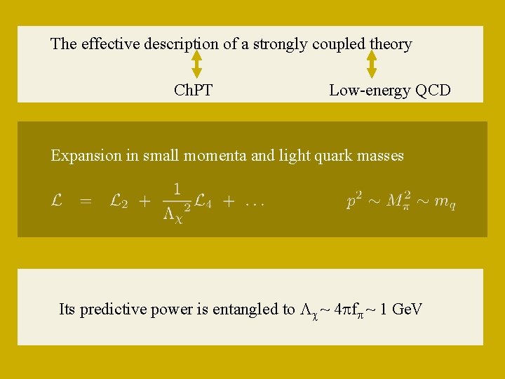 The effective description of a strongly coupled theory Ch. PT Low-energy QCD Expansion in